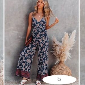 VICI Sully Printed Wide Leg Bell Bottom Floral Boho Open Sexy Low Back  Jumpsuit